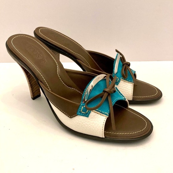 Tod's Shoes - TOD'S Slides Heels Mules Womens 8.5 Brown Blue White Leather Open Toe‎ Slip on